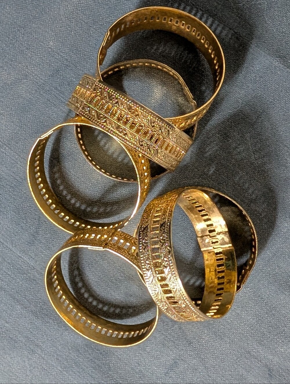 Solid Brass Vintage Stamped Cut Out Napkin Ring Set Of 7 Handmade Traditional